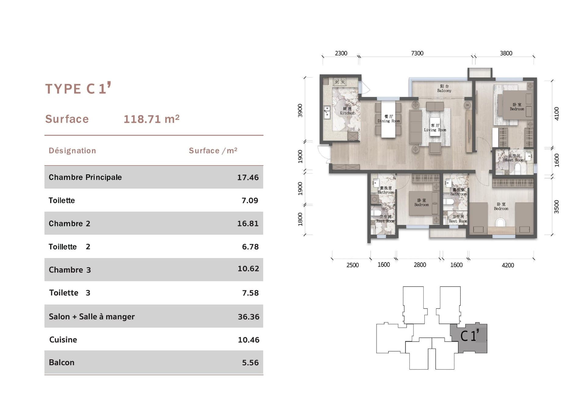 Plan appartement Type C1' (variante symétrique)