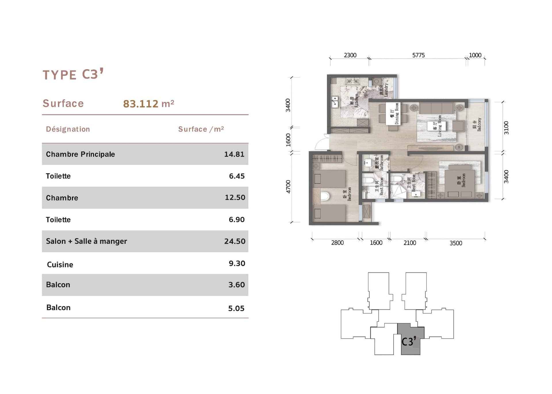 Plan appartement Type C3' (variante symétrique)